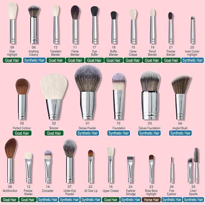 Bueart Design Makeup Brushes Set 26pcs Real Natural Goat Hair Professional labeled Foundation Face Blending Blush Concealers Eyeshadow Brush Set(26Pcs Pearl Pink)