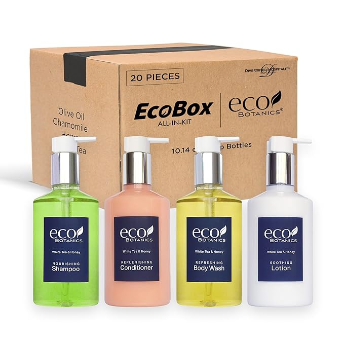 1-Shoppe Eco Botanics 20 Piece Ecobox All-In-Kit | White Tea and Honey Soap | 6 Shampoo, 4 Conditioner, 6 Body Wash & 4 Lotion | 10.14oz Hotel Soaps and Toiletries Bulk | Personal Care Products