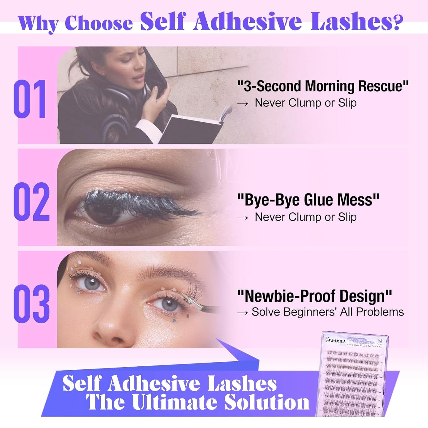 Yawamica Natural Self Adhesive Lash Clusters 10-16mm Reusable Press On Lashes No Glue Needed Eyelash Clusters Invisible Clear Band Pre Glued Cluster Lashes for Effortless Salon Eyelash Extension Look