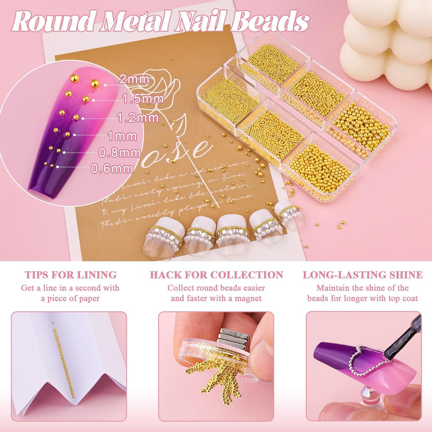 Flatback Pearls and Metal Nail Beads With Rhinestones Glue Gel for Art, Charms and Round Caviar Beads Accessories for Acrylic Tips Manicure Decor (White, Silver+Gold)