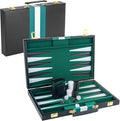 Backgammon Set 2 Players Classic Backgammon Sets for Adults Board Game with Black PU Leather Case Portable and Travel Backgammon Set (Green, 15inch)