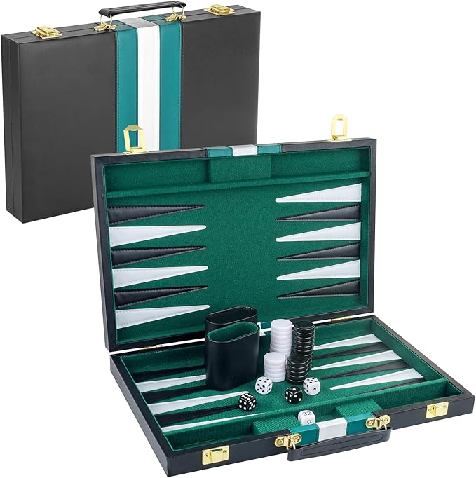 Backgammon Set 2 Players Classic Backgammon Sets for Adults Board Game with Black PU Leather Case Portable and Travel Backgammon Set (Green, 15inch)