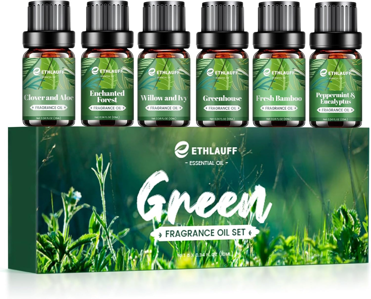 Fragrance Oils Set, Essential Oils for Diffuser for Home, Candle Sopa Making - Enchanted Forest, Willow and Ivy, Clover and Aloe, Fresh Bamboo, Scented Oil Gift Set