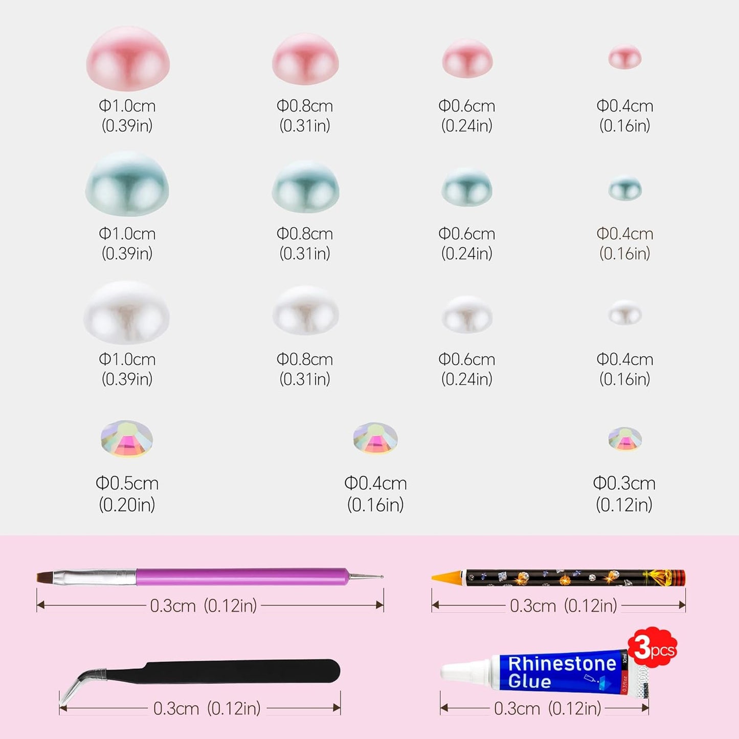 60g Cyan White Flat Back Pearls Rhinestones for Crafts Mixed Size 3mm-10mm AB Color Round Half Pearls Flatback Pearl Beads and Resin Rhinestones Set for Face Art with Glue