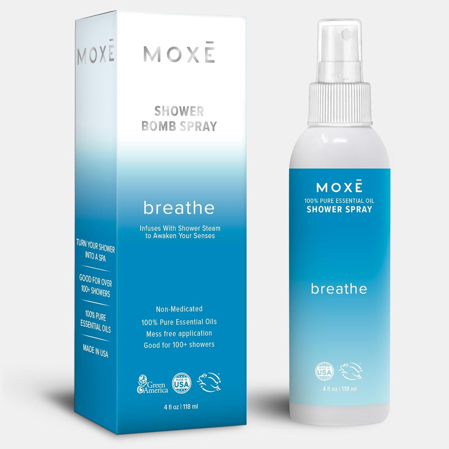 MOXĒ Breathe Eucalyptus & Peppermint Shower Mist, Spa Steam Spray, Certified Natural 100% Essential Oils, Made in USA, Aromatherapy, Sinus Congestion Relief, 4 Ounces