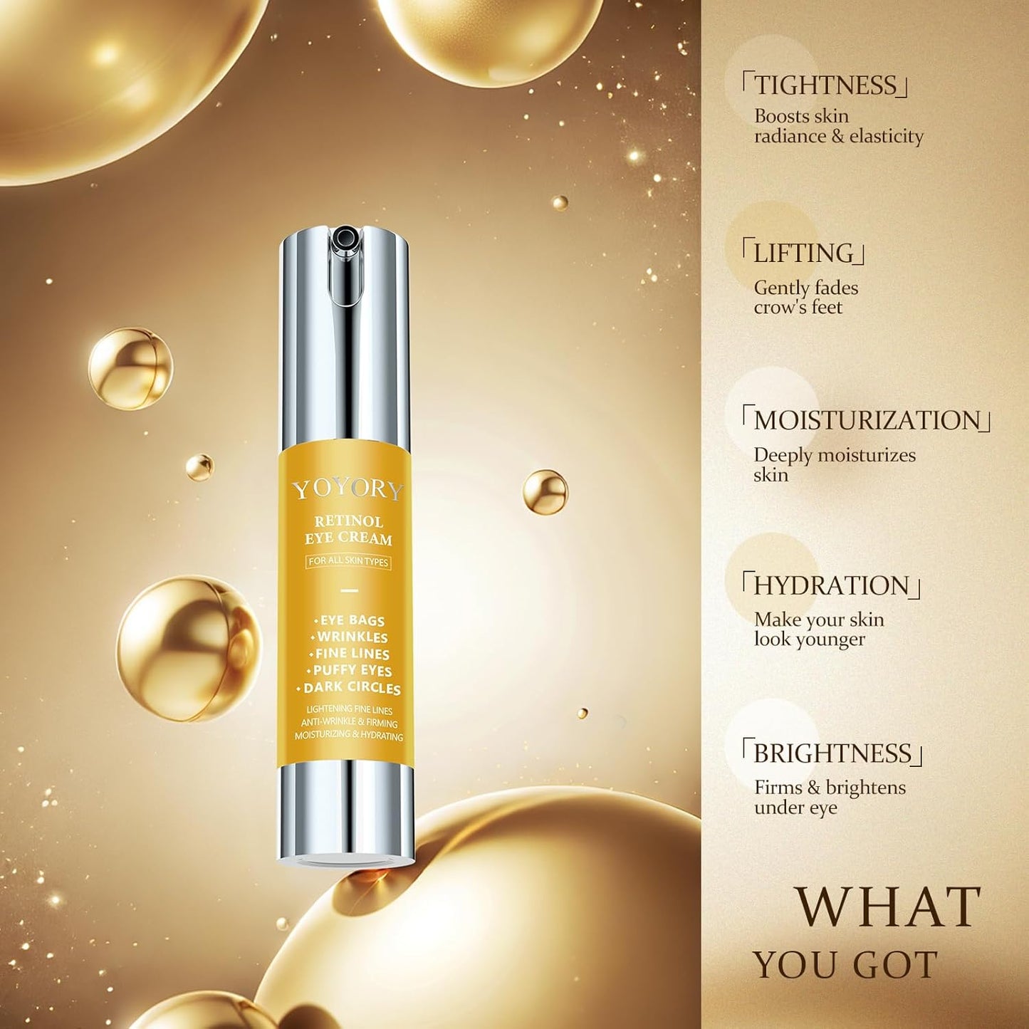 Retinol Under Eye Cream - Anti Aging Eye Cream for Dark Circles and Puffiness, Eye Bags, Wrinkles Fine Lines Skin Care Treatment Firming & Lifts for Man and Women - Gold 20ml