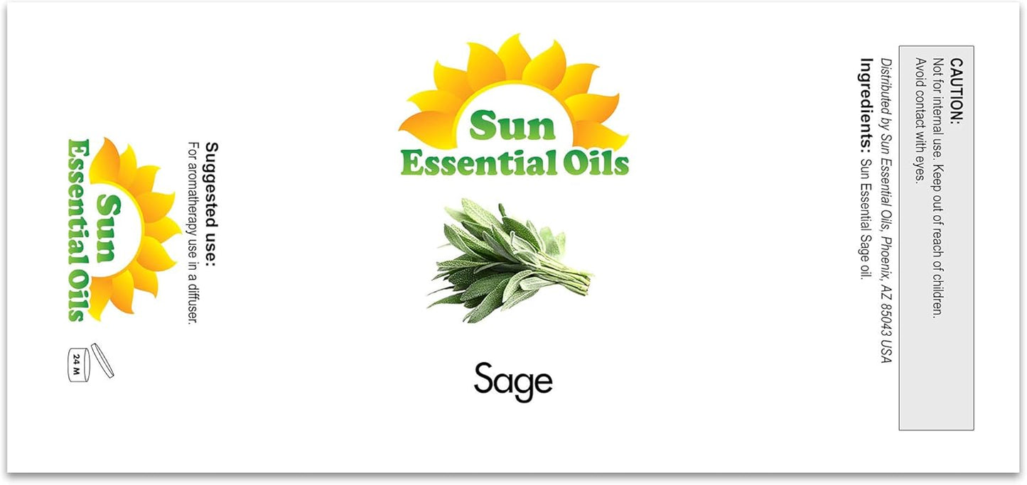 Sun Essential Oils – Sage Essential Oil 4 oz with Dropper for Diffuser, Skin, Aromatherapy Massage, Humidifier, Herbaceous Scent for Candle, Lotion & Soap Making, Room Fragrance
