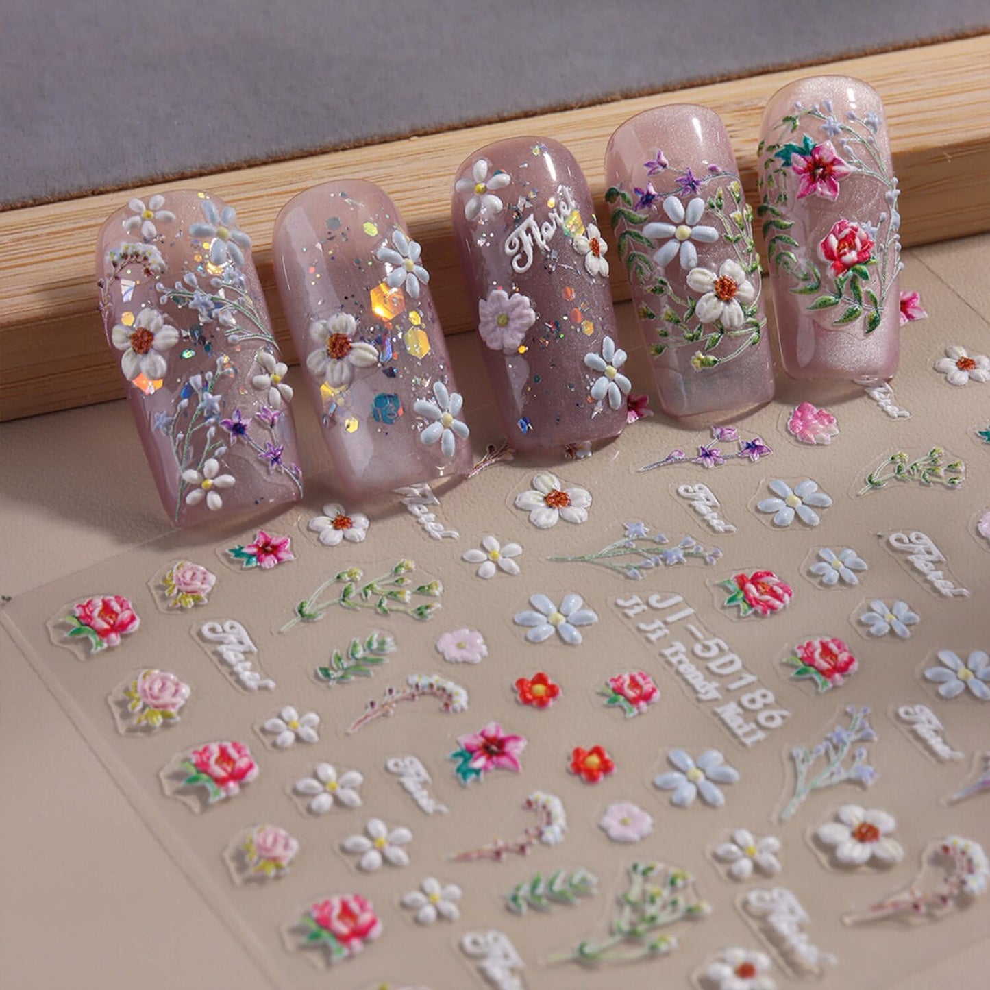 Flower Nail Stickers for Nail Art Flowers Nail Art Stickers Summer Floral Bouquet 5D Embossed Nail Decals Self-Adhesive Nails Supply Manicure Sliders Flower for Nails Decoration 4 Sheets