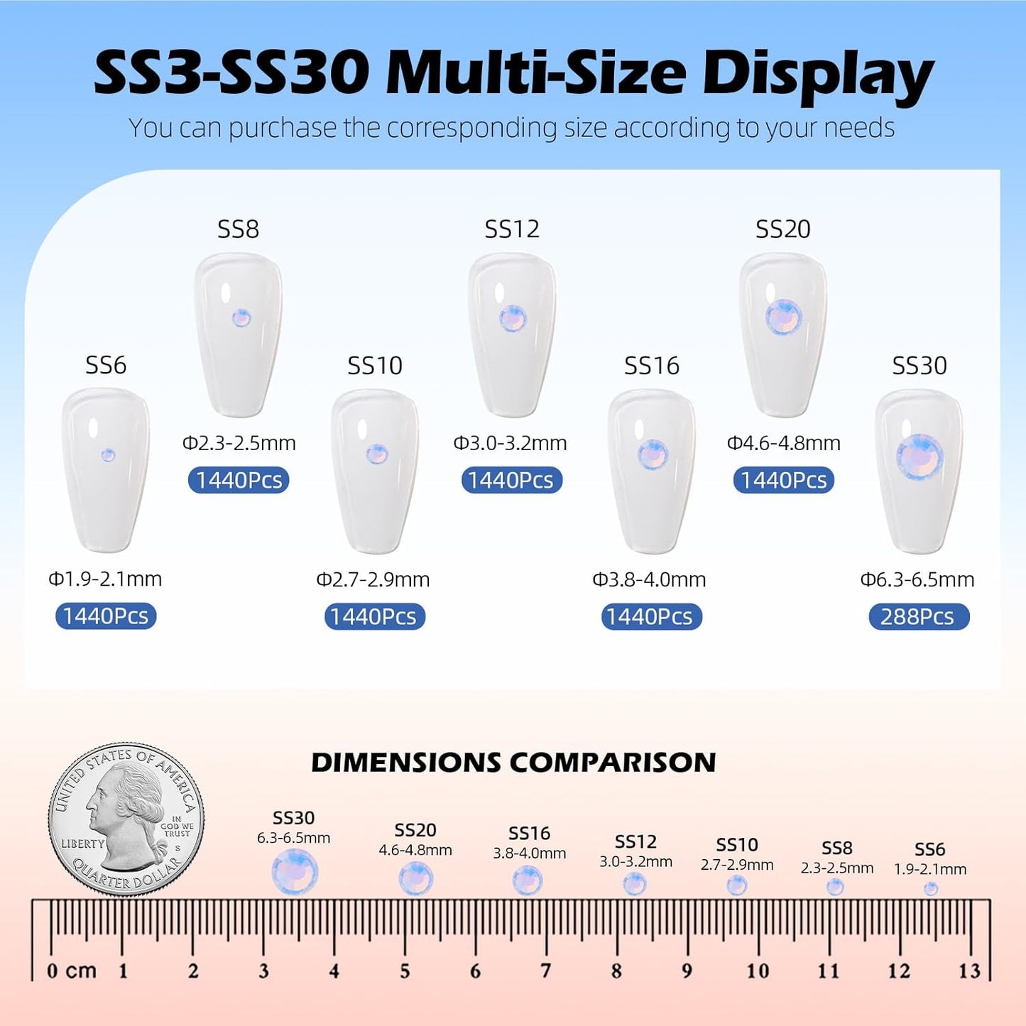 F Light Blue Flatback Rhinestones, Glass Rhinestones for Nail Art and Craft, Glue Fix, Loose Crystal Gemstones(F Light Blue, SS12, 1440pcs, 2.9-3.0mm)