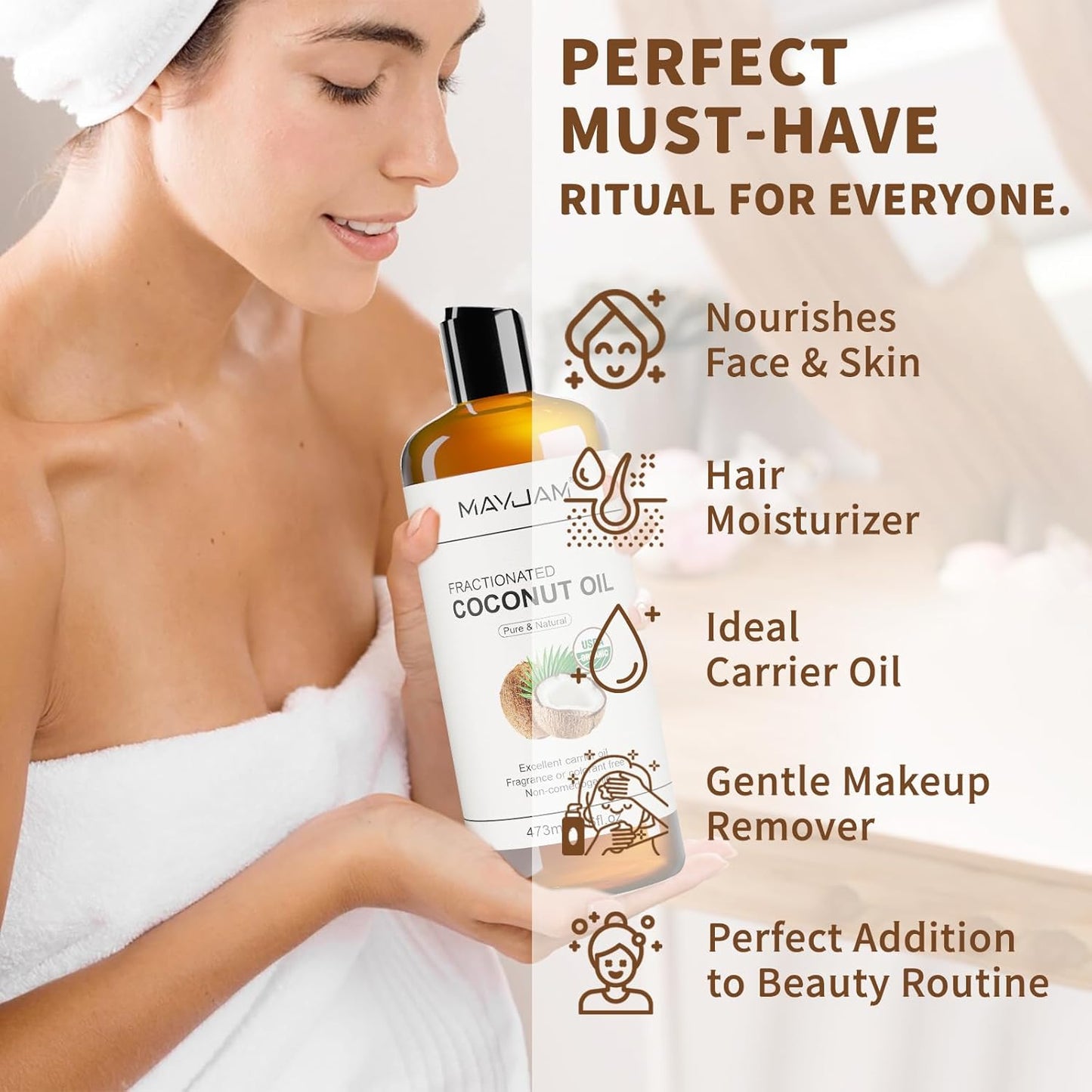 Organic Fractionated Coconut Oils Liquid 16oz, 100% Pure & Natural USDA Certified Cold Pressed Coconut Carrier Oil for Face Skin & Hair Moisturizing, Body Massage Oil for Essential Oils Mixing