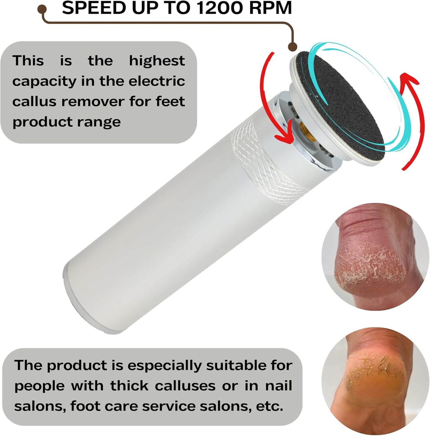 High Power Electric Foot Callus Remover, 2025 Upgrade with 100-inch Extra-Long Cord and 60 Replaceable Sandpaper Discs, Electric Foot File for Cracked Heels and Dead Skin, Silver