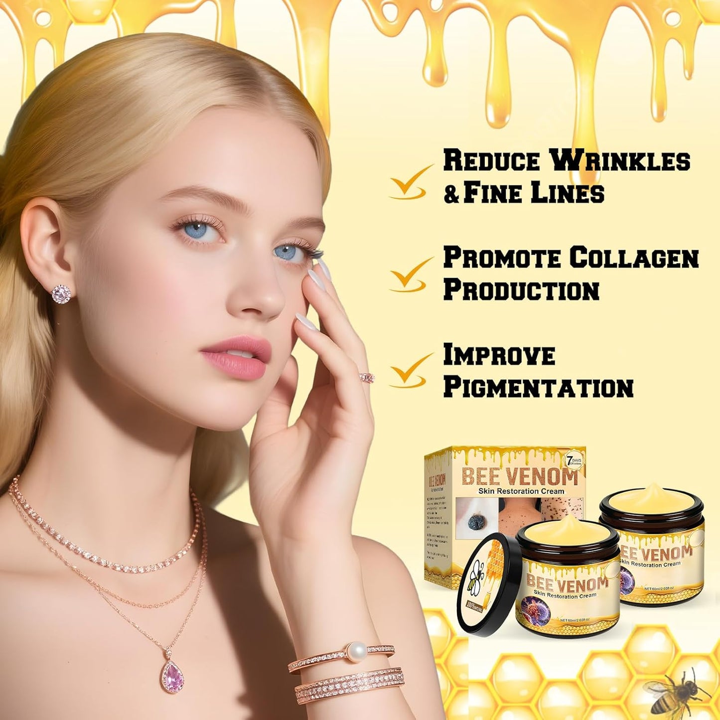 2PCS Bee Venom Skin Restoration Cream, Bee Venom Treatment Cream, Skin Treatment for Firming, Wrinkle Reduction & Moisturizing, Suitable for All Skin Types