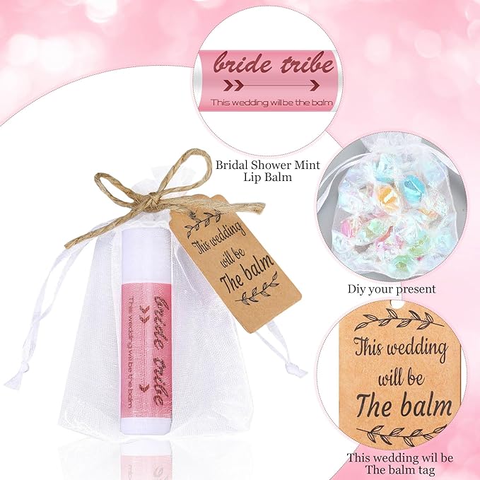 50 Set Bridal Shower Lip Balm Gifts Bulk Wedding Bridal Shower Lip Balms Gifts with 50 Organza Bag 50 Thank Tag Bridal Shower Favors Bridesmaid Proposal Stuffer for Bachelorette Party Supplies