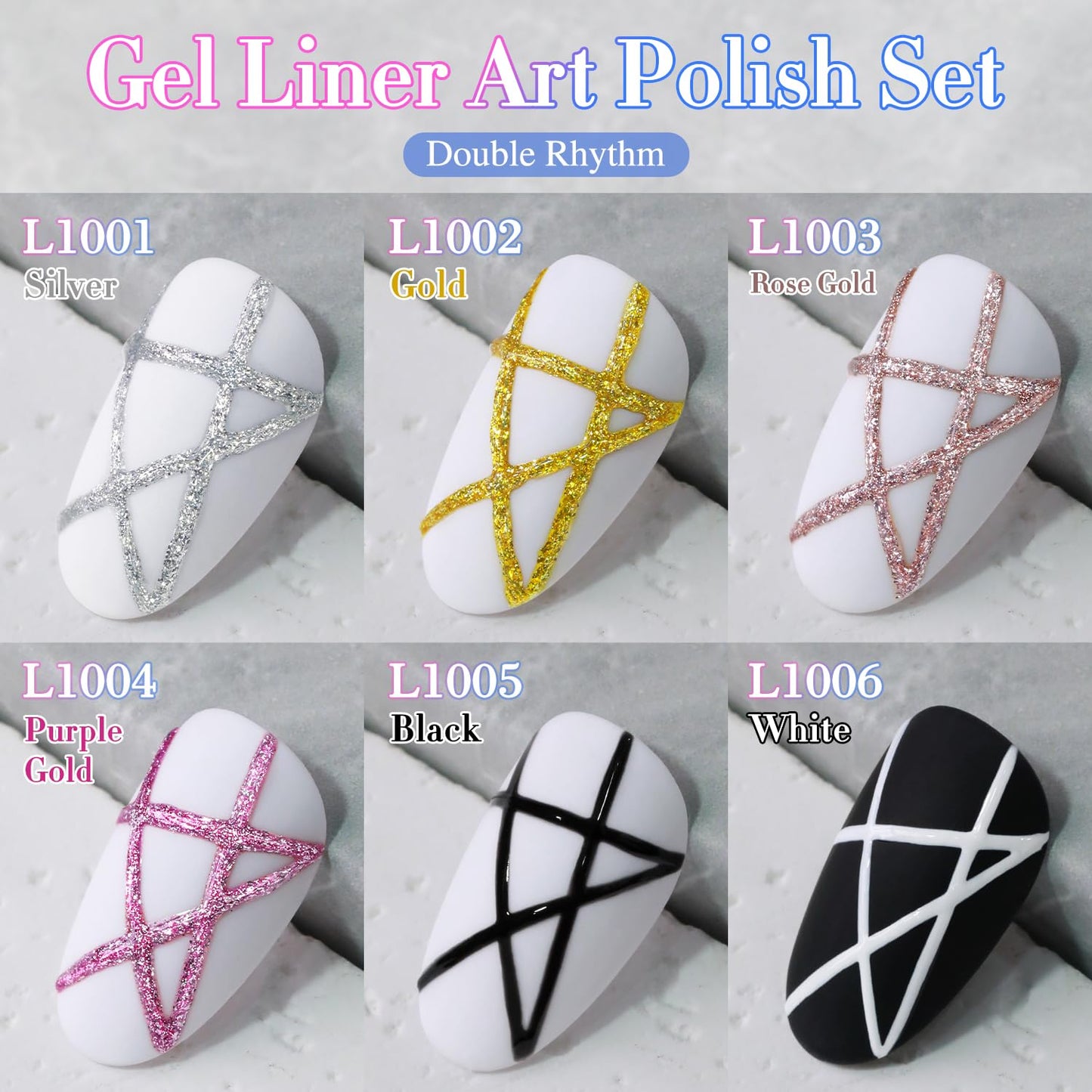 Double Rhythm 6 Pcs 15 ML Gel Liner Polish Nail Art Set Chrome Metallic Glitter Soak Off Gel Polish Kit Nail Art Manicure Salon DIY at Home for Women (Gold Silver Black White-T6-52)