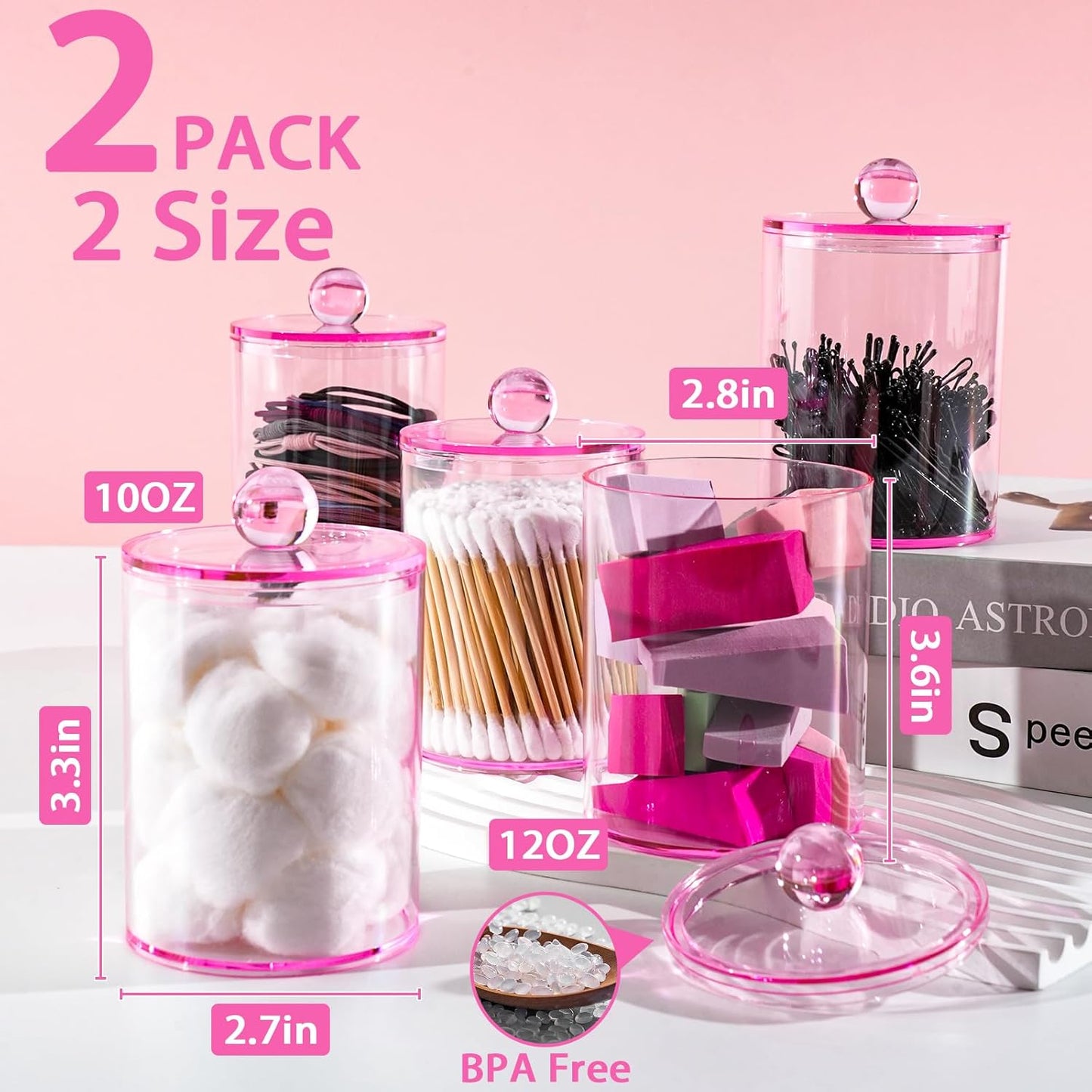 2 Pack Qtip Holder,Canister Apothecary Jar Set, Bathroom Jars with Lids Set for Cotton Swabs, Balls, Pads, Floss Picks,10oz-12oz Plastic Canisters Restroom Bedroom Vanity Organizer(Pink)