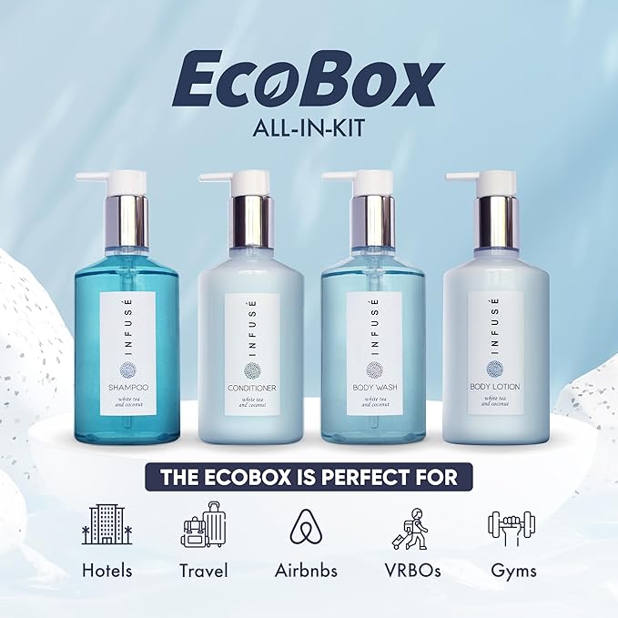A 20 Piece Ecobox All-In-Kit of our Infuse | White Tea and Coconut Soap | 6 Shampoo, 4 Conditioner, 6 Body Wash & 4 Lotion | 10.14 oz Hotel Soaps and Toiletries Bulk | Personal Care Products