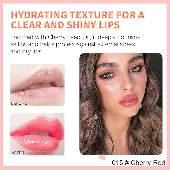 Hydrating Lip Glow Oil, Plumping Watery Lip Gloss, Refreshing Moisturizing Lip Oil Tinted Lip Balm, Lasting Nourishing Revitalizing Lip Tint Lip Care (15# Cherry Red)
