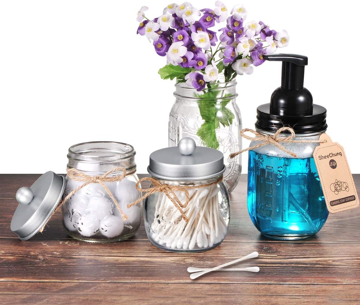 SheeChung 2 Pack Qtip Holder for Bathroom, Cotton Swab Holders, Cute Mason Jars Decor, Bathroom Decor and Accessories for Cotton Round Pads, Balls, Floss Pick - Frosted Silver