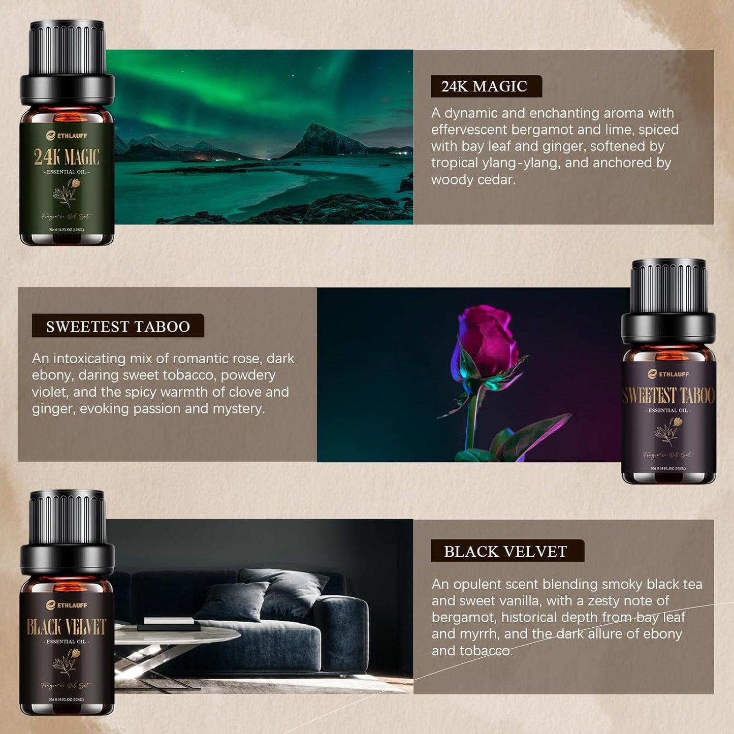 Hotel Diffuser Oils, Hotel Collection Diffuser Oil, Luxury Essential Oil Set for Diffuser, Soap & Candle Making Scents - My Way, Dream On, Cabana, 24k Magic, Black Velvet, Sweetest Taboo