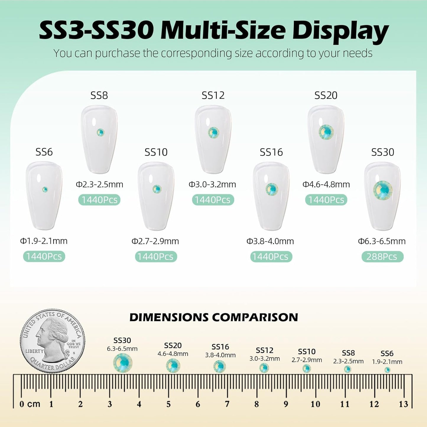 F Light Green Flatback Rhinestones, Glass Rhinestones for Nail Art and Craft, Glue Fix, Loose Crystal Gemstones(F Light Green, SS30, 288pcs, 6.4-6.6mm)