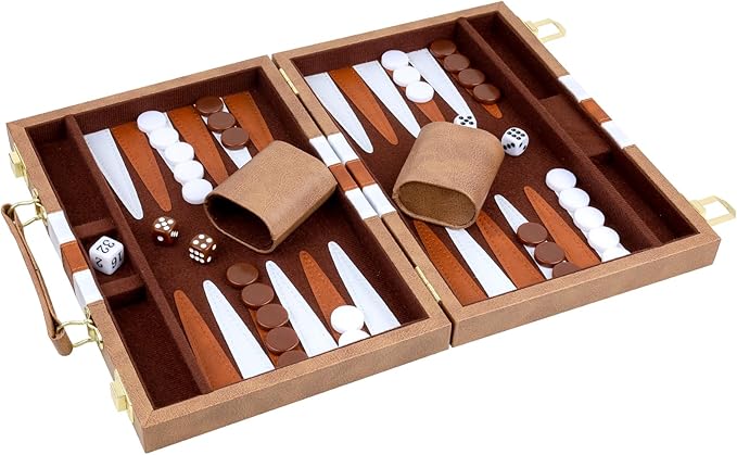 Backgammon Set 2 Players Classic Backgammon Sets for Adults Board Game with PU Leather Case Portable and Travel Backgammon Set (Retro Brown, 11inch)