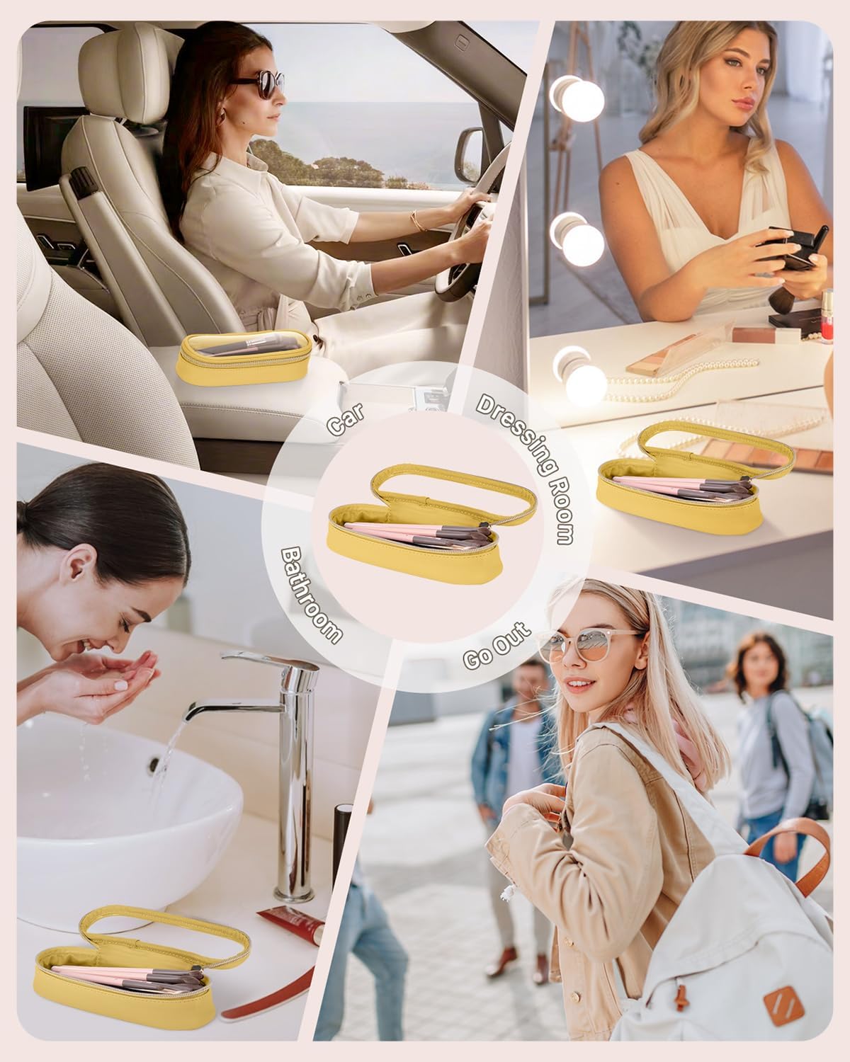 Clear Travel Makeup Brush Holder, Leather Makeup Brush Toiletry Bag, Portable Cosmetic Brush Case, Transparent Waterproof Makeup Brush Storage Bag, Yellow