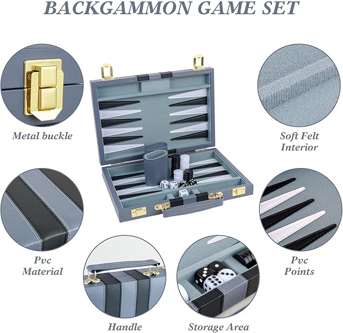 Backgammon Set 2 Players Classic Backgammon Sets for Adults Board Game with PU Leather Case Portable and Travel Backgammon Set (Grey, 11inch)