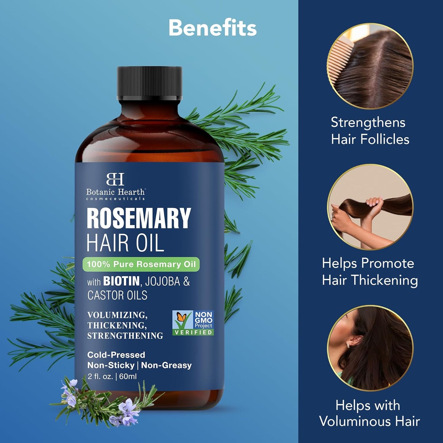 Botanic Hearth 100% Pure Rosemary Oil For Hair Growth (2 fl oz)| Infused with Biotin, Jojoba & Castor Oil | Hair Oil Repairs Dry Damaged Hair, Strengthening, Healthier Hair- Hair Tonic