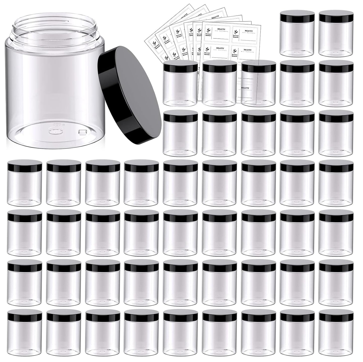 48 Pack 8 OZ Plastic Jars Round Clear Cosmetic Container Jars with Lids, Eternal Moment Plastic Slime Jars for Lotion, Cream, Ointments, Makeup, Eye shadow, Rhinestone, Samples, Pot, Travel Storage