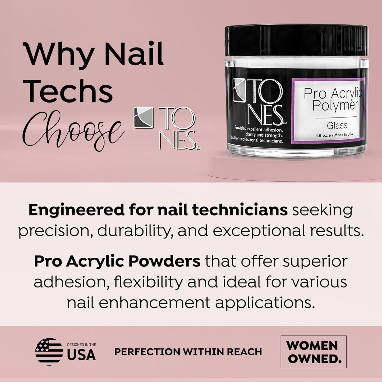 Tones Pro Acrylic Nail Powder, Glass (Clear), (1.5 Fl Oz) - Long-Lasting & Non-Yellowing Polymer for Salon Quality Nail Extensions & 3D Art