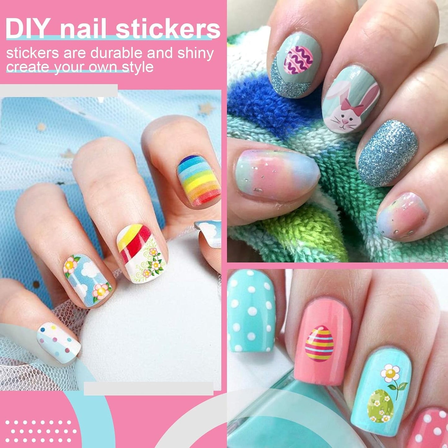 Kalolary 8 Sheet Easter Nail Art Stickers Self Adhesive Easter Nail Stickers DIY Nail Decals Bunny Eggs Chick Rabbits Flower Nail Design Sticker Nail Decoration for Women Girls Kids