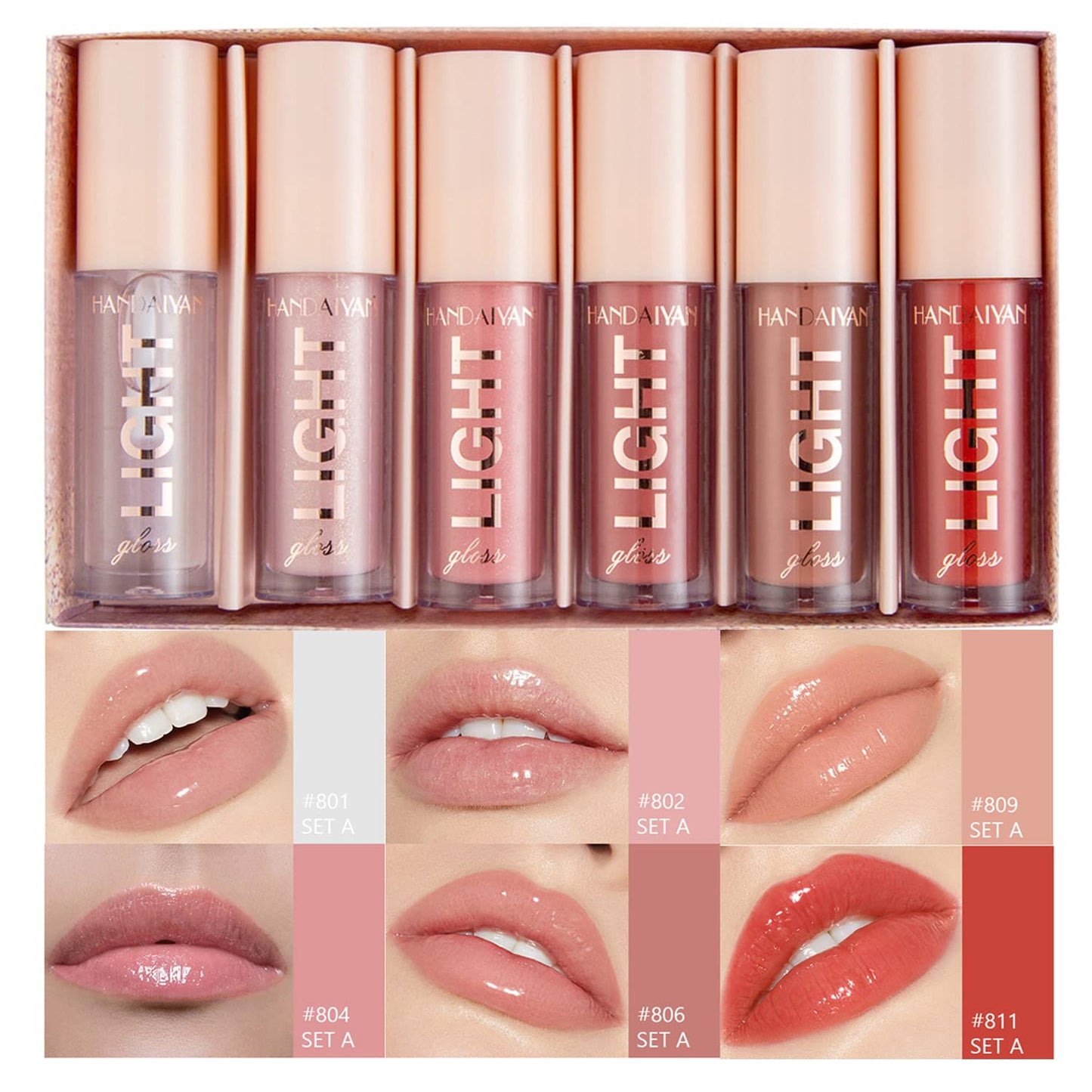 6PCS Lip Oil Light Lipgloss Set, Moisturizing Hydrating Lip Glow Oil Lip Gloss Kit High Shine Lip Plumping Glass Finish Liquid Lipstick for Women (Set A)