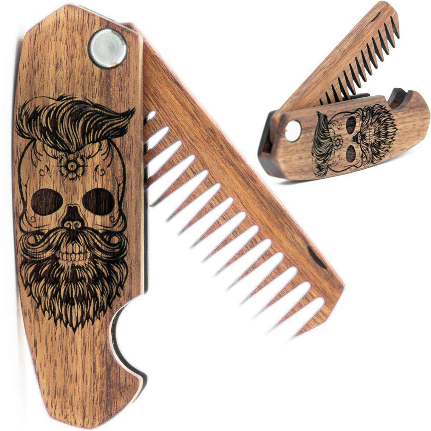 Beard Comb Gifts for Him Wooden Comb for Men Folding Pocket for Moustache Hair Walnut Combs Husband with the Engraving (Fear The Beard) (Model SK)