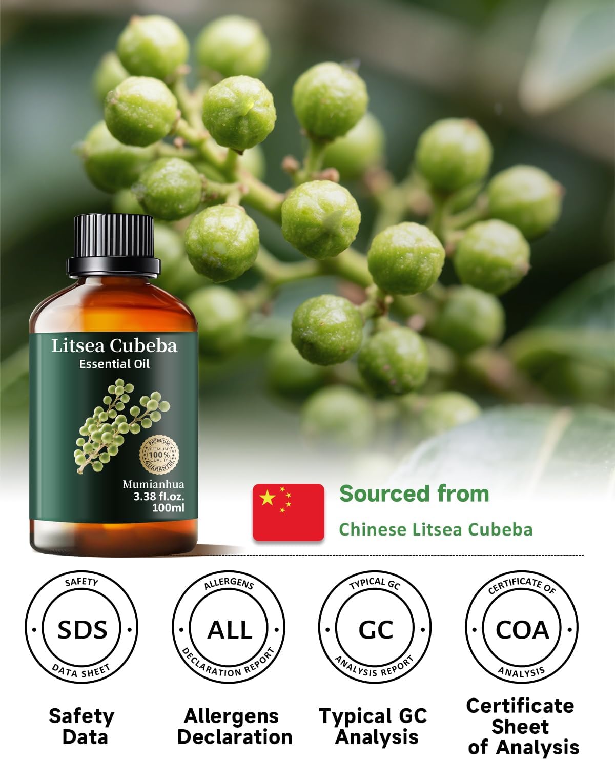 Mumianhua Litsea Cubeba Essential Oil 100% Pure Litsea Cubeba Oil Natural May Chang Essential Oil for Aroma & Diffusers, Massage, Skin Care, Hair Care, Candle & Soap Making 3.38 Fl Oz