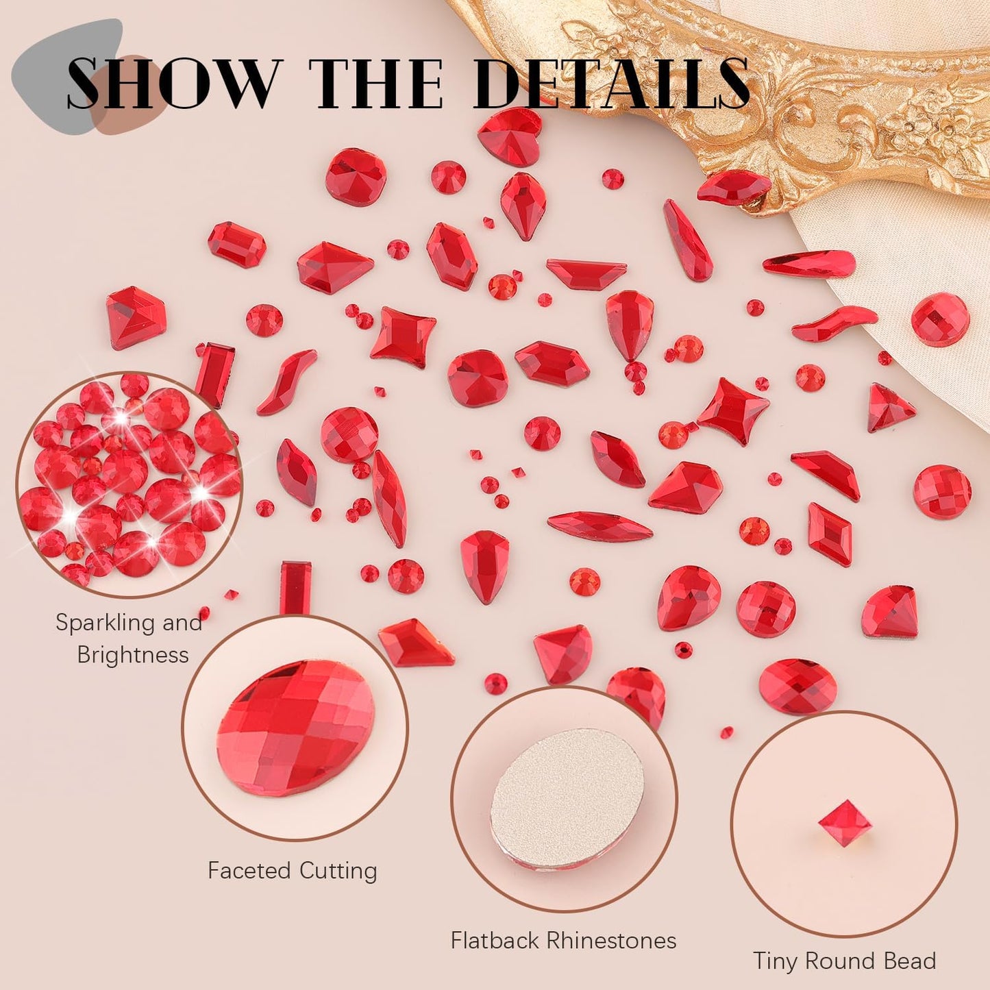 2750Pcs Red Glass Nail Rhinestones 240Pcs Multi Shapes Flatback Nail Gems + 2510Pcs 1.5-4mm Round Crystal, Manicure Nail Charms Diamond Gemstones for Acrylic Nails Decoration