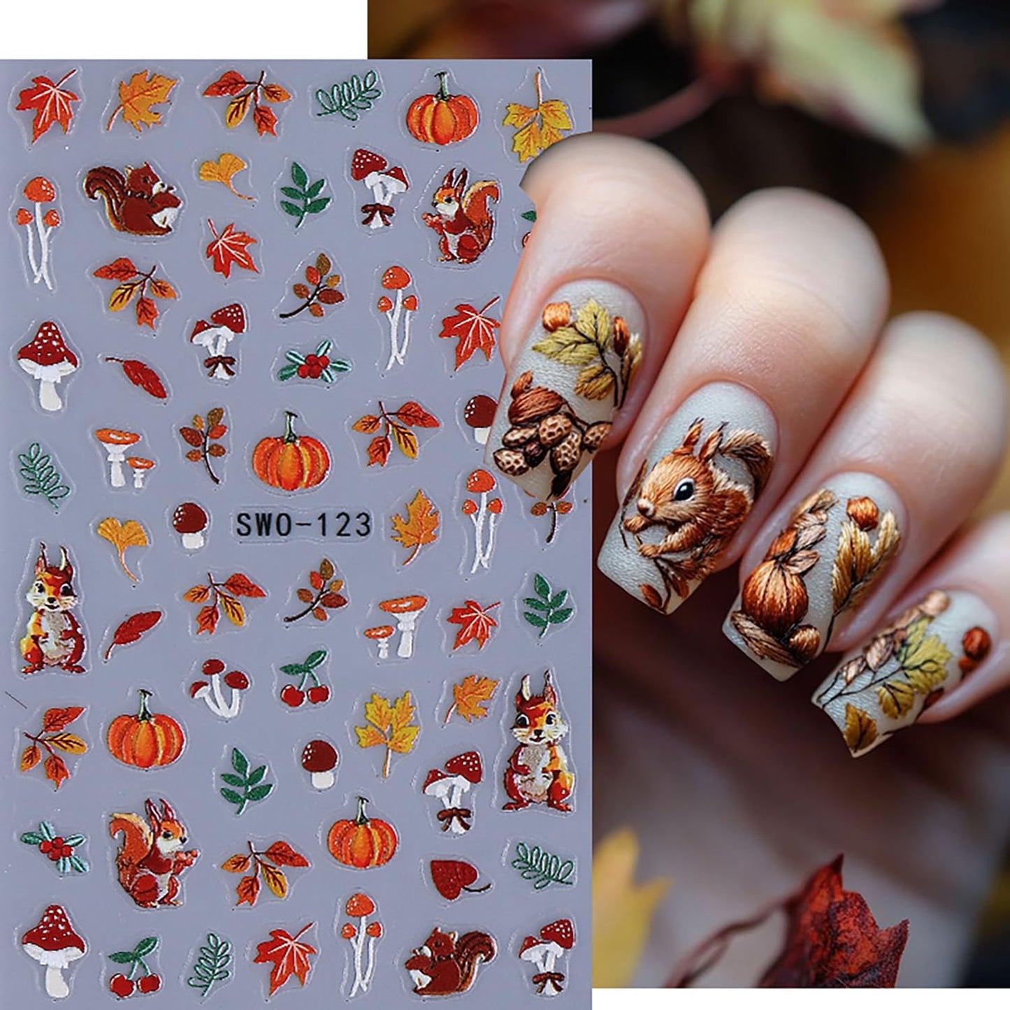 Fall Nail Stickers 5D Pumpkins Nail Decals 4PCS Self-Adhesive Embossed Halloween Nail Art Maple Leaf Mushroom Fox Design Holiday Nail Charms Autumn Thanksgiving Day DIY Manicure Supplies for Women