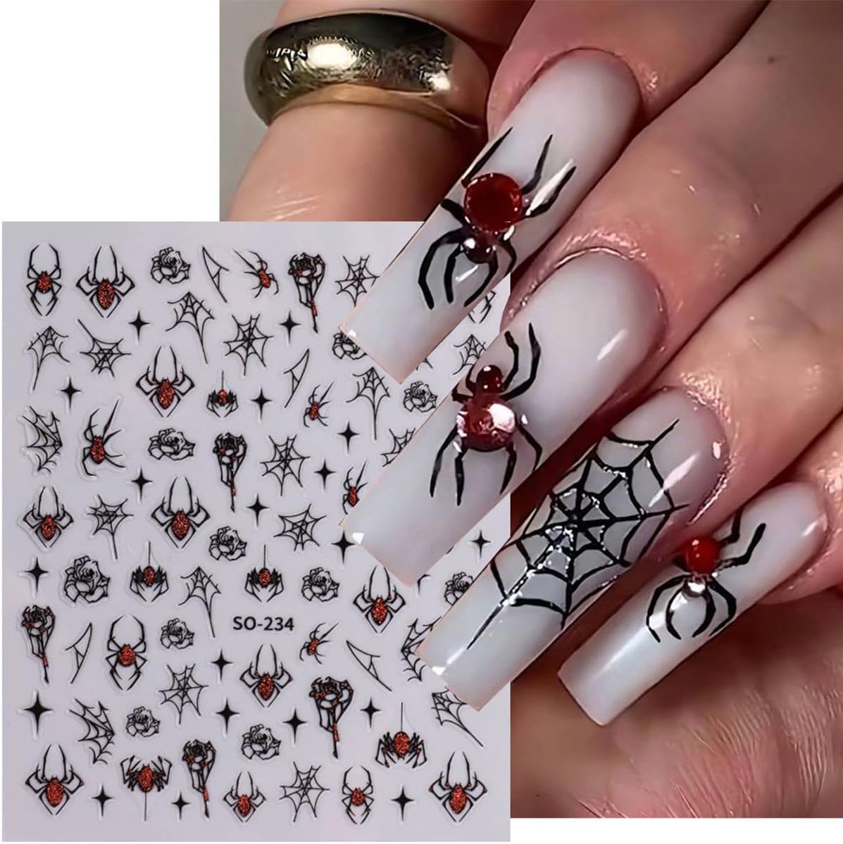 Glitter Halloween Nail Stickers for Nail Art Decoration 8Pcs Funny Spider Web Nail Art Stickers with Rhinestones Nail Design Supplies Gold Silver Blood Rose Star Spider Nail Decals for Halloween Nails