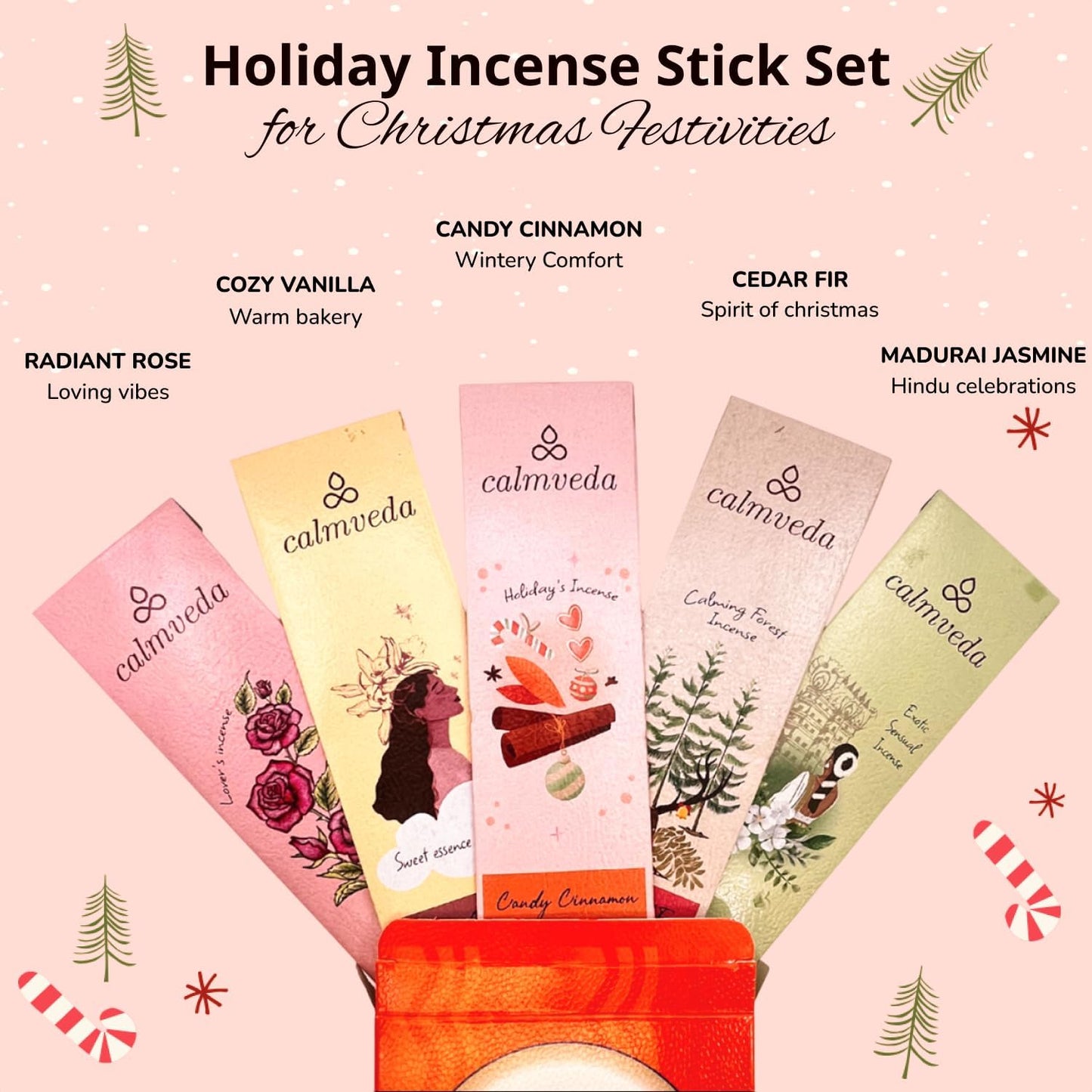 Happy Home Incense Sticks Multipack- (5 Variants) Charcoal Free, Made from Upcycled Flowers | Insense Cozy Warm Sticks Like Vanilla Cake, Balsam Cedar, Rose & Cinnamon | Perfect Incense Gift Set