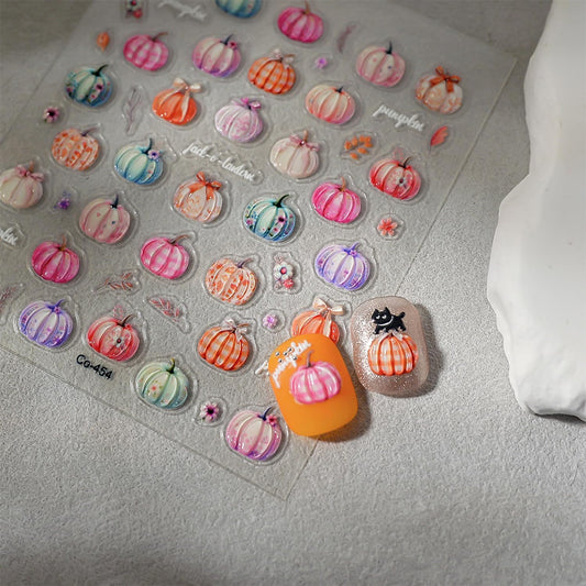 1 Sheets Colorful Pumpkin Nail Stickers for Nail Art 5D Self-Adhesive Embossed Fall Nail Art Stickers Thanksgiving Nail Decals Autumn Leaves Nail Design Sticker for Women Manicure DIY