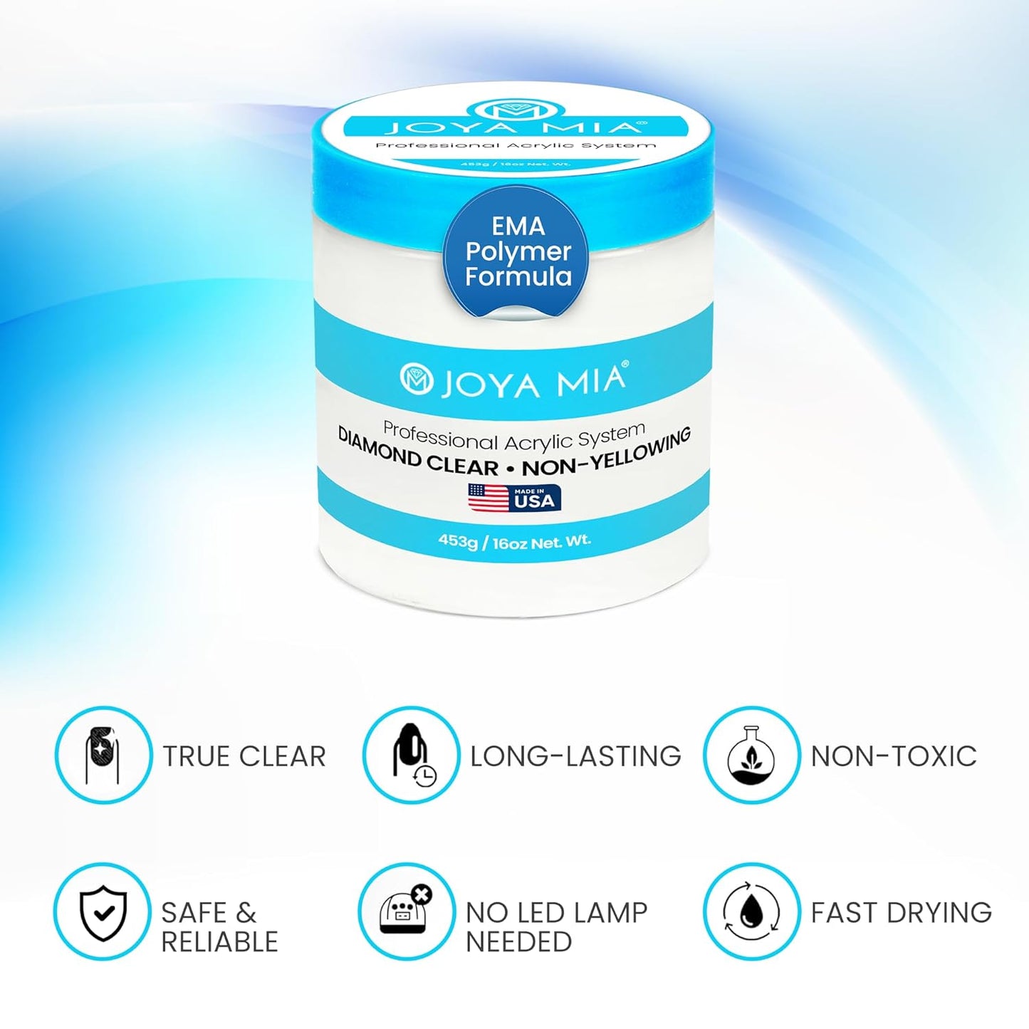 Joya Mia Acrylic Powder for Nails, MMA-Free, Super Adhesion Professional Powder for Flawless & Long-Lasting Nail Enhancements, Easy Application, Vibrant & Stunning Colors - Diamond Clear, 16 oz