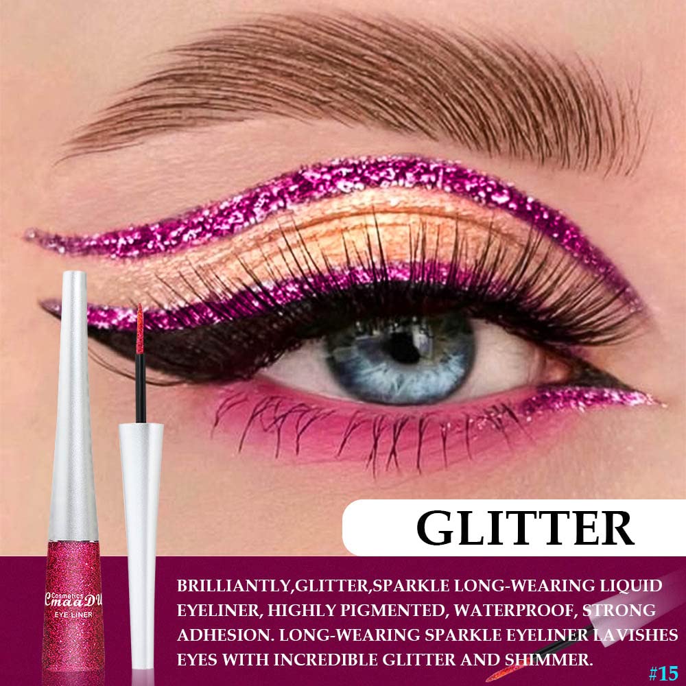 evpct 2Pcs Light Rose Purple Pink Color Liquid Glitter Eyeliner Sets for Women, Liquid Sparkly Glitter Eyeliner delineador con glitter de colores para ojos colores 11+15