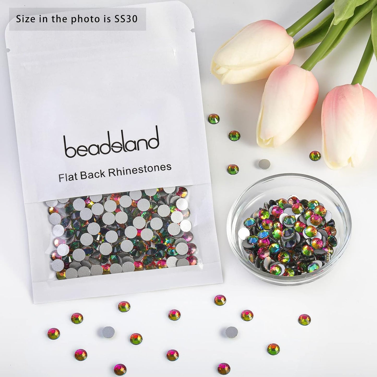 beadsland Flat Back Crystal Rhinestones Round Gems, Rainbow (6.4-6.6mm) SS30/288pcs