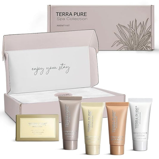 Terra Pure Spa Collection Amenity Kit | Hotel Toiletries | Bulk Set 0.85 oz Travel Size Shampoo,Conditioner, Lotion, Body Wash & Massage Bar for Guest Hospitality AirBnB/Vacation Rentals |1 set/ case