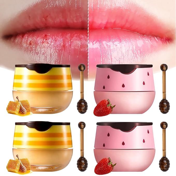 4PCS Lip Balm Honey Pot, Honey Pot Lip Balm for Dry Cracked Lips, Strawberry Lip Balm Scrubs Exfoliator & Moisturizer, Hydrating Lip Balm Honey Pot with Wand, Lip Sleeping Mask (D)