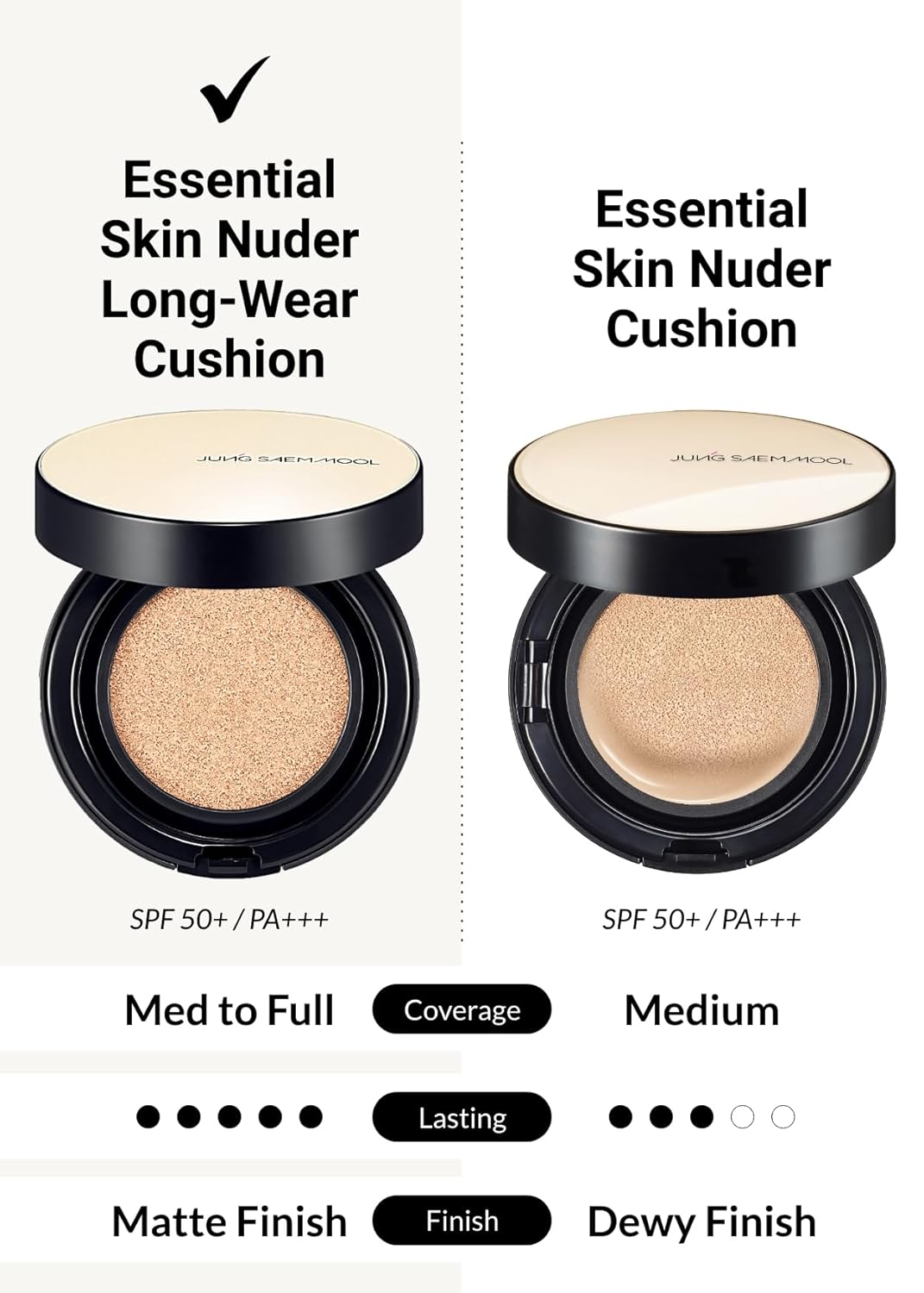JUNG SAEM MOOL Essential Skin Nuder Longwear Cushion 0.98 Fl Oz (Light), Refill Included, 24H Lasting Cushion Foundation with High Coverage, Semi-Matte Natural Finish, Korean Foundation Makeup