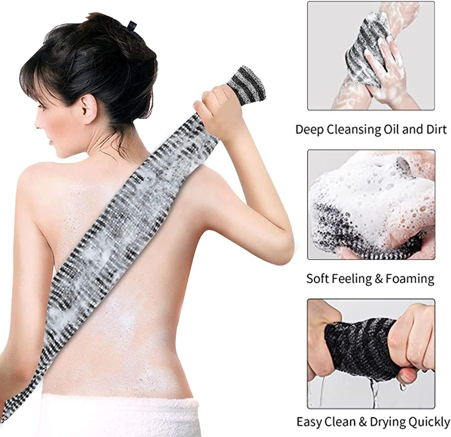 Yiclick Exfoliating Body Scrubber, Back Scrubber for Shower Bath, Japanese Scrub Wash Cloth, Exfoliating Washcloth Towel for Men Women, Body Exfoliator Loofah Luffa Sponge Net Rag Back Washer (Black)