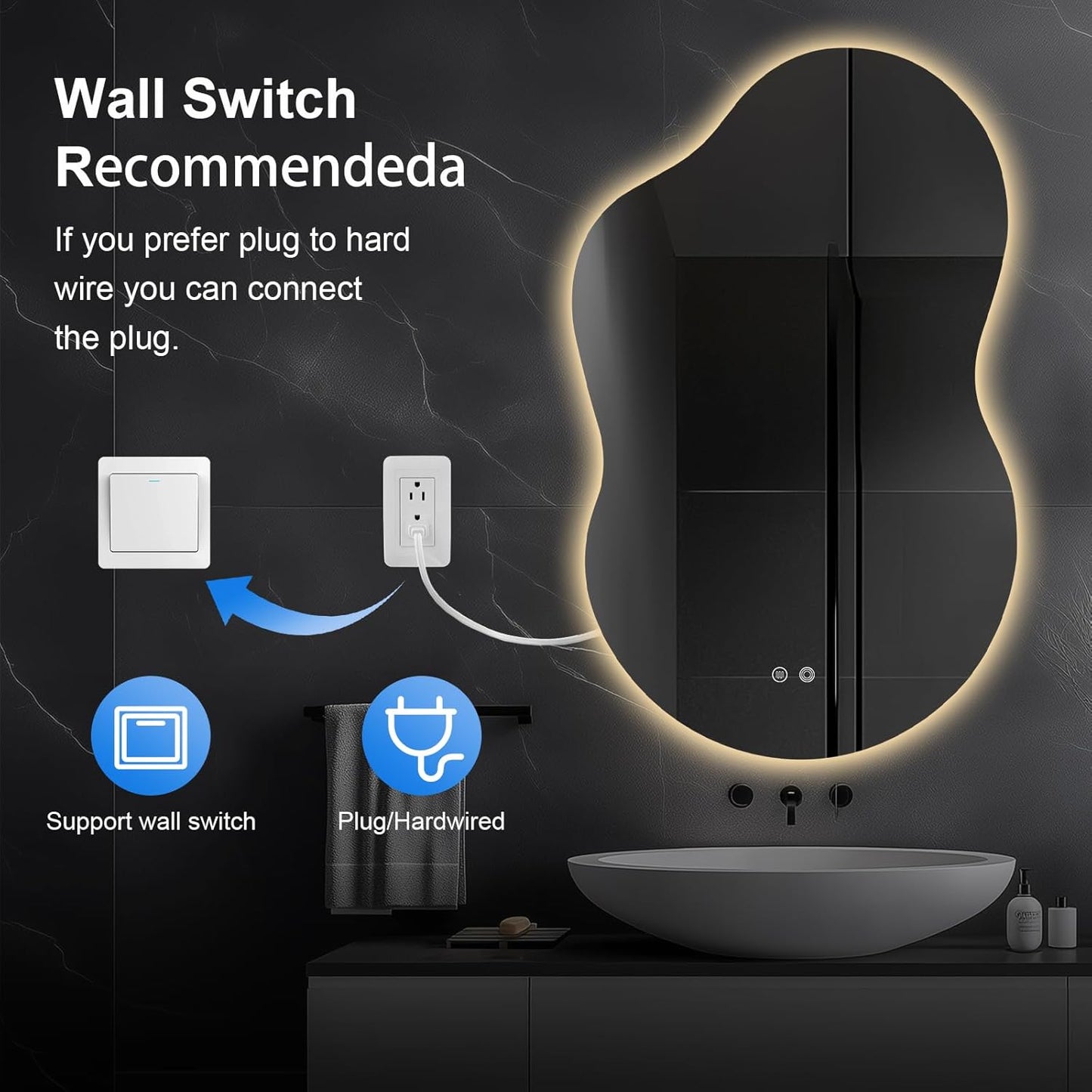 48"x30" Irregular LED Lighted Vanity Mirror for Bathroom, Front and Backlit, Anti-Fog, 3-Color Dimmable Lighting, Wall Mount [Horizontal/Vertical]