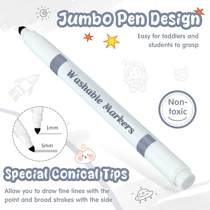 18 Pcs Line Washable Markers Bulk Grey Fine Tip Markers Set Coloring Thin Tip Drawing Washable Pen for Kids Art School Classroom Back to School Gender Reveal Party Supplies, Ages 6+