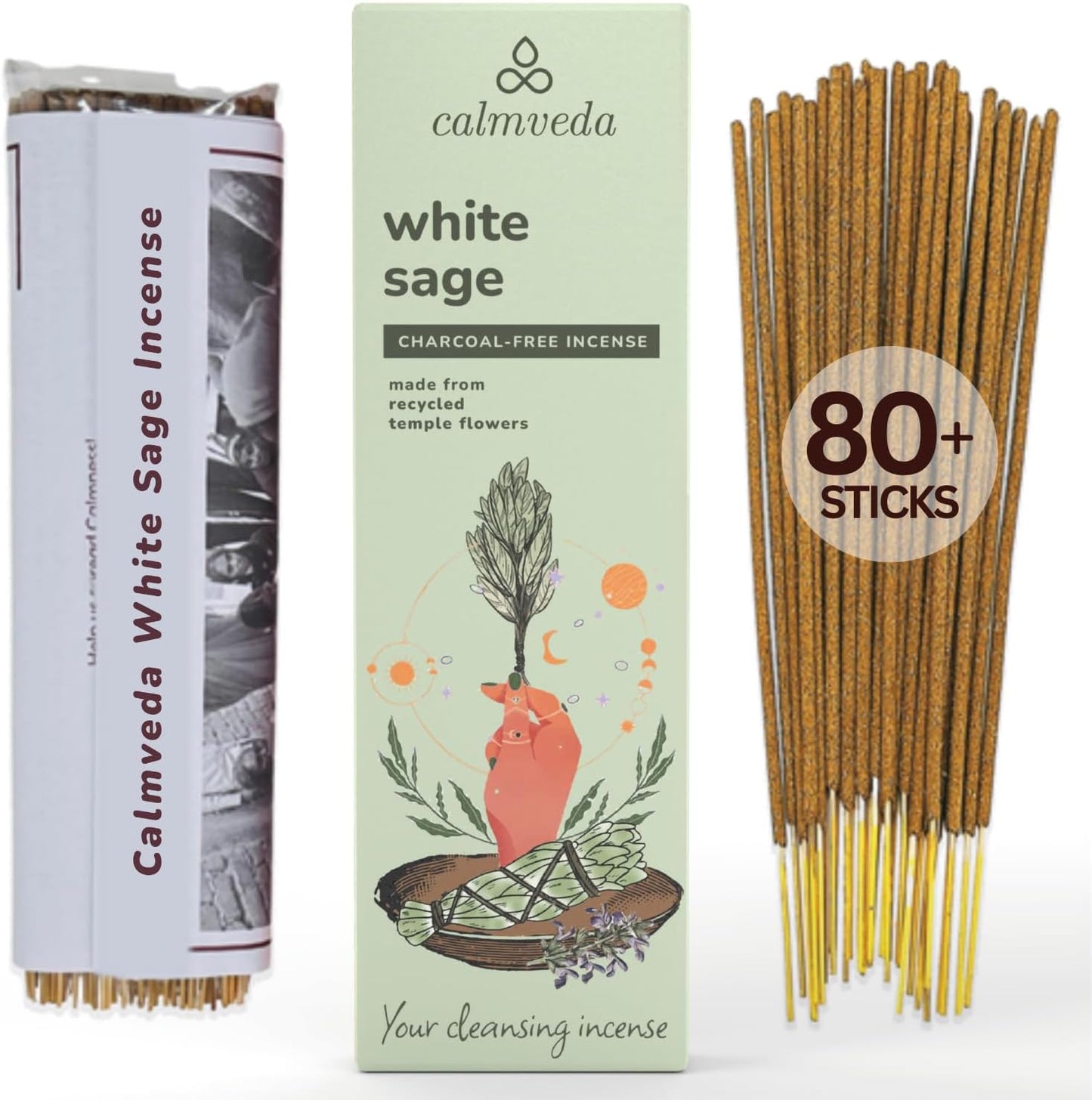White Sage Incense Sticks for Cleansing - (80 Scent Sticks) Charcoal Free, Made from Upcycled Flowers | Protection Incense to Cleanse Negative Energy
