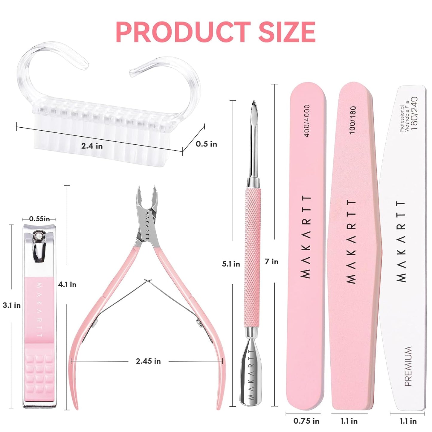 Makartt Nail File and Buffer Set, Pink Basic Prep Kit with Cuticle Clipper, Trimmer, Pusher, Brush, Manicure Care Kit for Natural and Acrylic Nails (7pcs)
